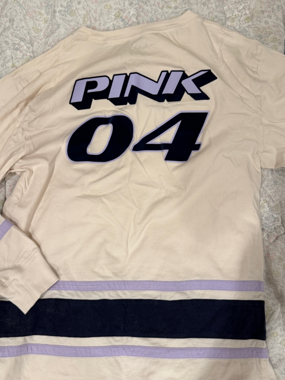 PINK Victoria's Secret Cream Long Sleeve Tee with Navy & Lilac Accents